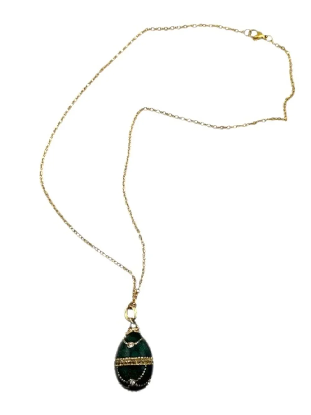 Faberge Egg Necklace Emerald Green Pendant Gold Tone Stainless Steel 18